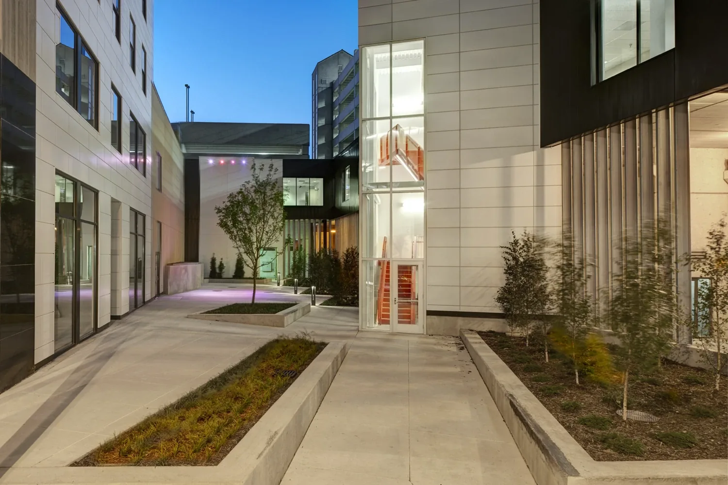 Pocket park illuminated in the evening